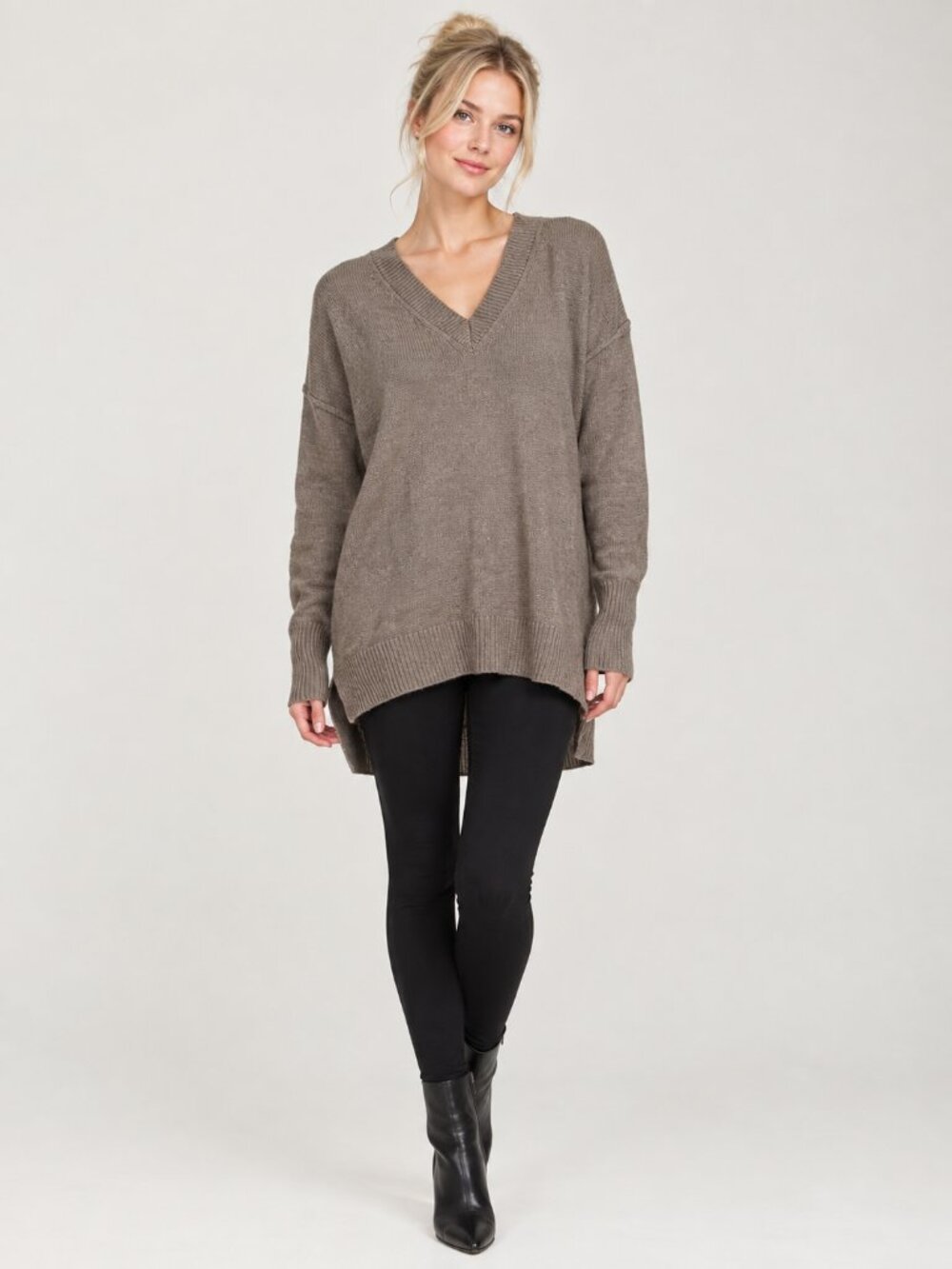 2/$30 TAHARI High Low Tunic Pullover V-Neck Sweater Taupe Small #A4828